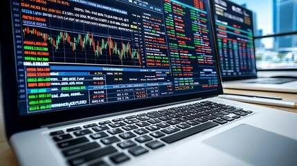 Fototapeta premium Detailed analysis of financial data on screens, options and derivatives trading, copy space for text,