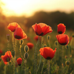 Fototapeta premium Poppy flowers in sunset