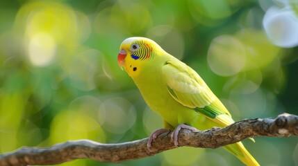 Fototapeta premium A yellow parakeet perches on a clear branch against blurred trees in the background