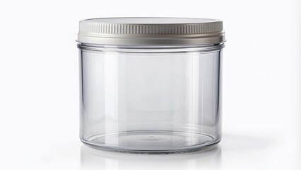 A clean, transparent, cylindrical plastic jar with a screw-top lid stands upright on a white background, empty and ready for storage or filling.