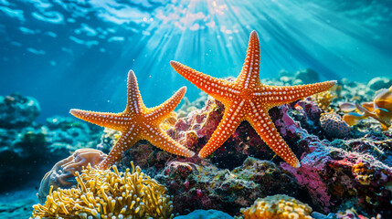 A group of starfish resting on a coral reef