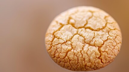  A tight shot of a morsel of food with a missing bite from its upper center