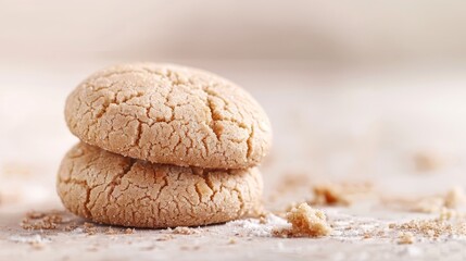  Two cookies stacked on a white surface, dusted with powdered sugar