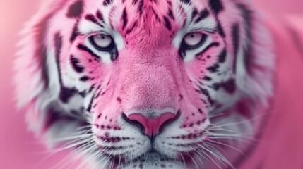  A tight shot of a pink tiger's face with a softly blurred rendition of its visage