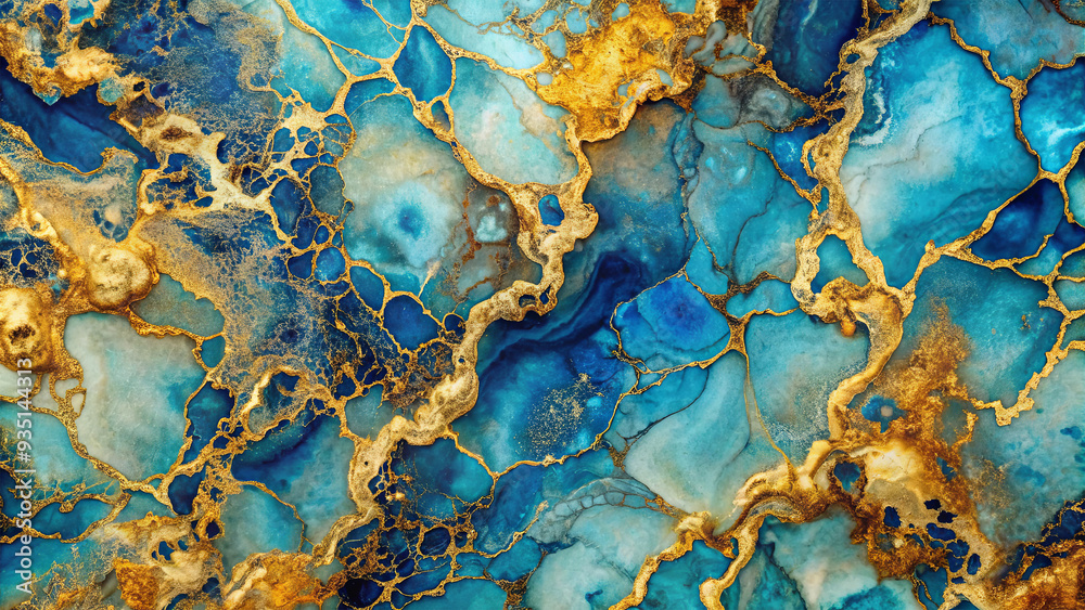 Poster the artwork features deep blues and shimmering gold with swirling patterns like ocean waves and geol