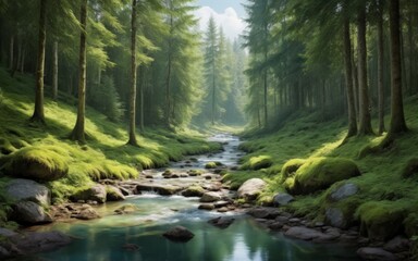 Obraz premium Tranquil Forest Landscape with Stream, Lush Greenery, Crystal Cl