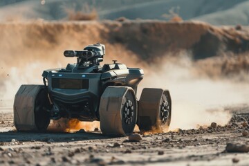 Fototapeta premium A robot is driving along a road, showcasing advanced technology in a modern transportation setting, A robotic vehicle performing autonomous missions in hazardous environments. AI generated