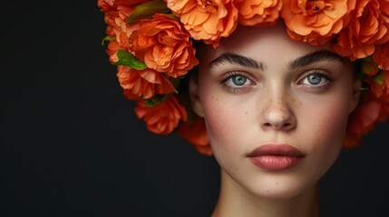Naklejka premium A woman with flowers in her hair and a flower crown against a black backdrop