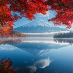 Fototapeta premium Colorful Autumn Season and Mountain Fuji with morning fog and red leaves at lake Kawaguchiko is one of the best places in Japan