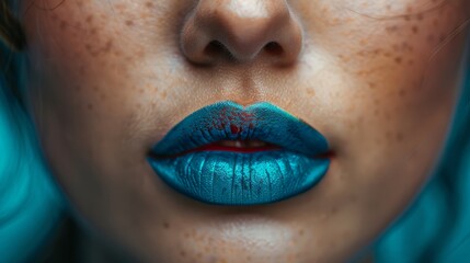 Fototapeta premium A close-up of a woman's face with blue lipstick and freckled complexion