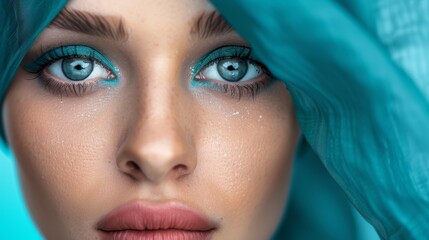 blue eyes gazing directly, a blue shawl draped over her head