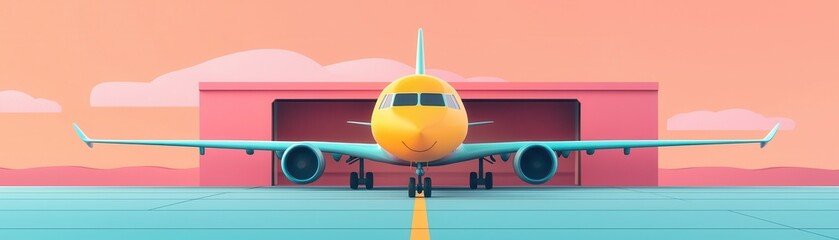 Fototapeta premium A colorful airplane parked in a hangar with a pastel sky backdrop, ideal for travel and aviation themes.