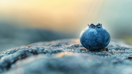  A blue ball, equipped with a bow, perches atop a rock against a softly blurred backdrop