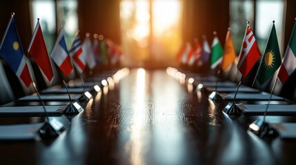 A conference table adorned with international flags, symbolizing diplomacy and global cooperation in a warm, inviting setting.