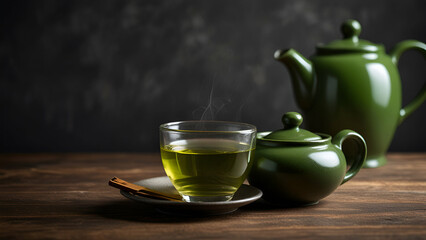 Steaming herbal tea made from fresh peppermint leaves in a glass cup, flowering twigs lying next to it on a wooden table in the garden, dark green background, copy space
