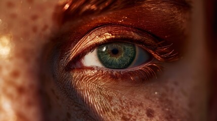  A tight shot of an eye adorned with freckles at its outer edge and the inner rim