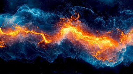 Fototapeta premium Vibrant abstract waves of blue and fiery orange create a captivating display. This digital artwork evokes energy and dynamism. Ideal for backgrounds or artistic projects. AI