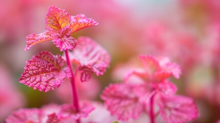 Fototapeta premium A tight shot of a pink blossom against a backdrop of softly focused pink blooms, with green foliage in the foreground