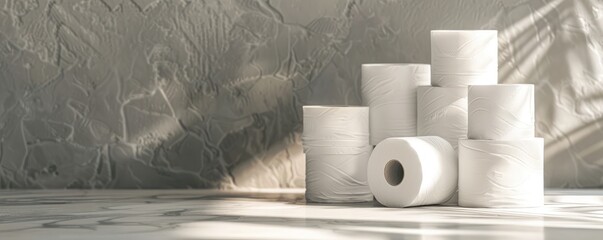 Neatly arranged toilet paper rolls on a smooth surface.