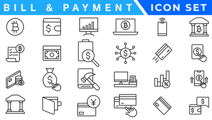 Payment icon set. Business and finance payment collection with money, banking, credit card, exchange, cash and transaction symbol.