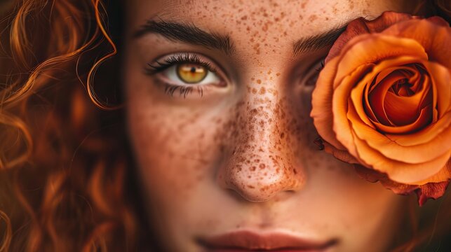  A close-up of a woman's face with freckled skin and a rose in one eye Her hair is also adorned with freckles (Repeated freck