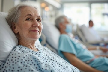Obraz premium Senior woman recovering in hospital bed with hopeful expression