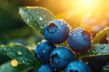 Ripe blueberries covered with morning dew growing on the branch at sunrise