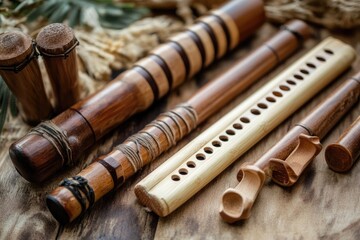 Variety of wooden musical instruments laying on tabletop