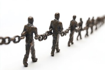 Naklejka premium Businessmen walking in line holding a chain on white background