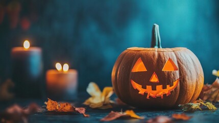 Fototapeta premium Jack-o'-Lantern's Eerie Glow: A carved pumpkin with a candle illuminating its spooky grin, set against a dark blue backdrop with scattered autumn leaves. 