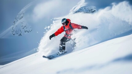 A skilled snowboarder skillfully navigates through deep snow, creating a spray of powder against a stunning mountain backdrop on a bright winter day