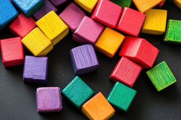 Colorful wooden blocks scattered on black surface