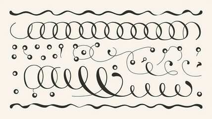 wavy border doodle elements black and white illustration, calligraphic design elements and page decoration