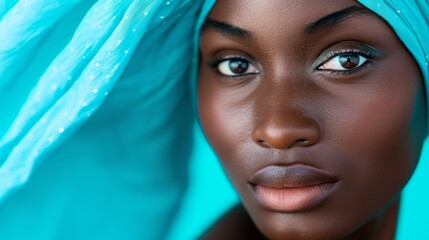 Naklejka premium A woman with a blue turban on her head and blue eyes is depicted in this close-up image