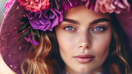 Naklejka premium A tight shot of a woman in a hat with a purple rim adorned with flowers and blue eyes