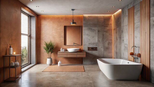 muted terracotta hues combining with cool gray concrete in minimalist bathroom design showcasing clean lines simplicity and subtle texture play