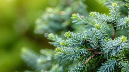 Fototapeta premium A tight shot of a pine branch, green leaves in focus, background softly blurred