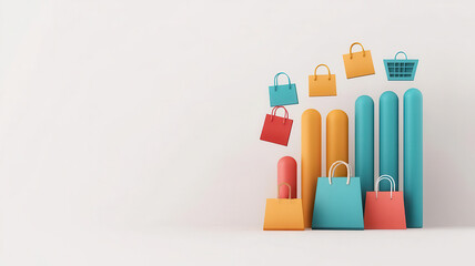 Ecommerce analytics graph with shopping icons rising and falling, visual representation of sales data, 3D illustration