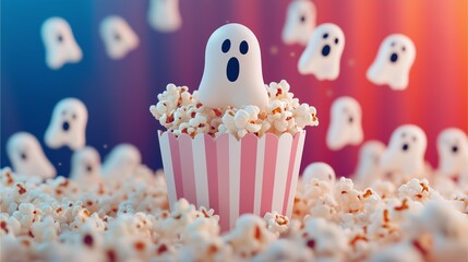 Ghost-themed popcorn with flying ghosts on a colorful background.