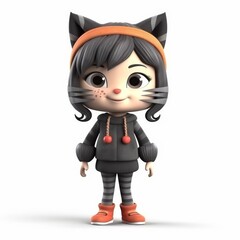 Cute Cartoon Girl with Cat Ears and Whiskers in Adorable Outfit - Ideal for Children's Content and Merchandise