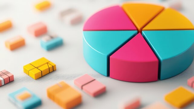 Ecommerce data pie chart with shopping categories, vibrant visual analytics, 3D illustration
