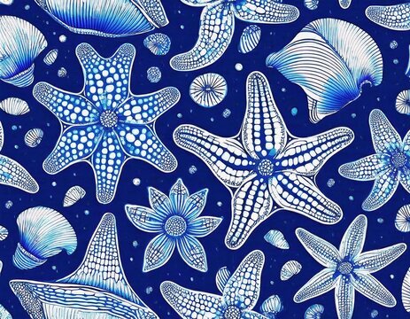 Turquoise and white starfish pattern on linen background in coastal design.