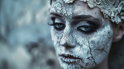  A close-up of a woman with white paint and black-and-white makeup on her face