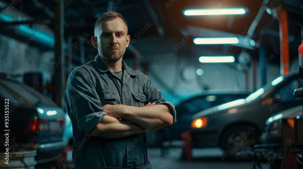 Aufkleber a skilled auto mechanic stands with arms crossed in a bustling workshop, surrounded by various vehic