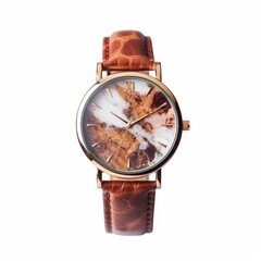 Elegant Brown Leather Wristwatch with Marble Dial on White Background - Luxury Timepiece for Stylish Men and Women