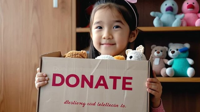 A child holding a donation box filled with toys against a dark background