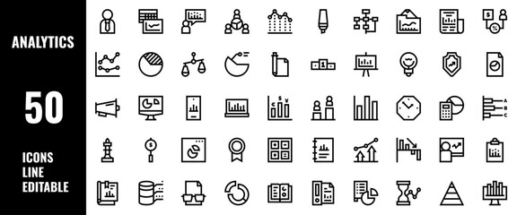 50 Analytics Icons Set Line Editable Vector Illustration