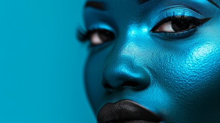 Fototapeta premium A tight shot of a woman's face, adorned with blue paint and bold black lipstick on her lips