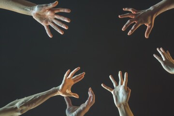 A painting showcasing many hands stretching towards each other, representing the desire for connection and mutual support, A series of slender arms reaching out , AI generated