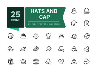 Hats and cap icons set. Including to beanie, bowler, sun visor, and cowboy. Pixel perfect, minimalistic outline icons collection. Editable vector illustration.